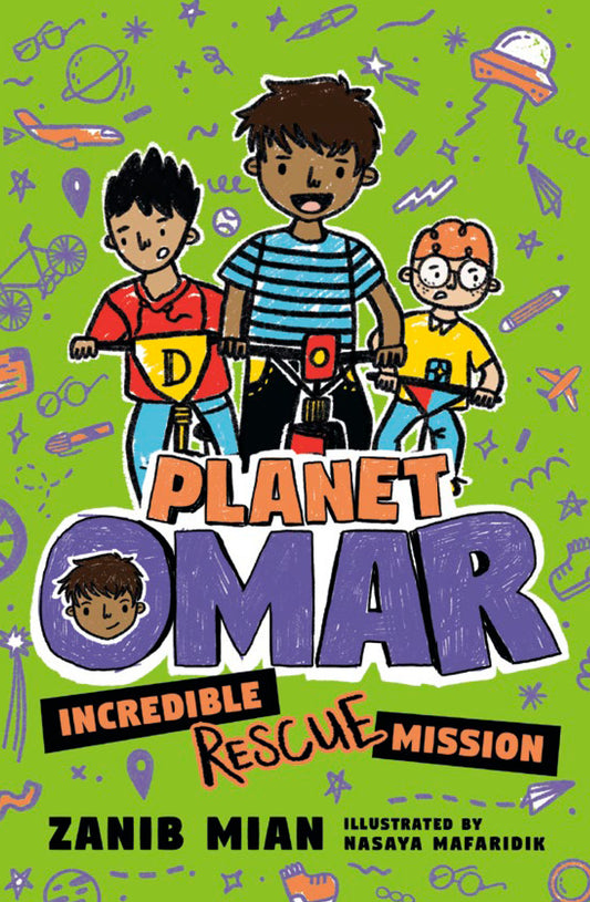 Book cover of 'Planet Omar: Incredible Rescue Mission' with three cartoon characters on a green background.
