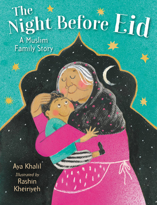 Book cover of 'The Night Before Eid' with a grandmother and child embracing against a starry night sky.