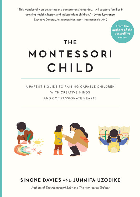Book cover of 'The Montessori Child' with illustrations of children and a teacher.