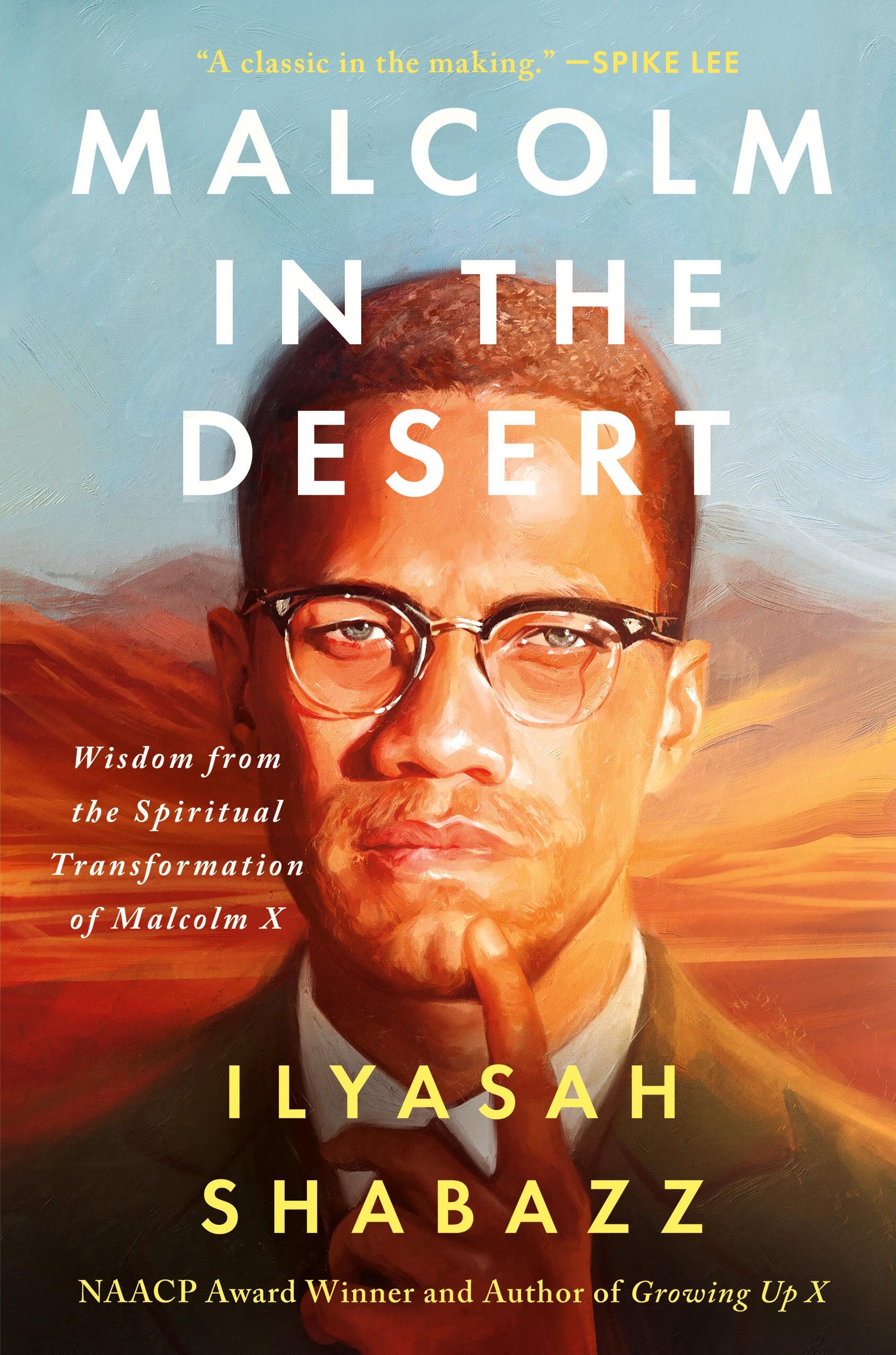 Book cover of 'Malcolm in the Desert' with a portrait of a man wearing glasses against a desert landscape.