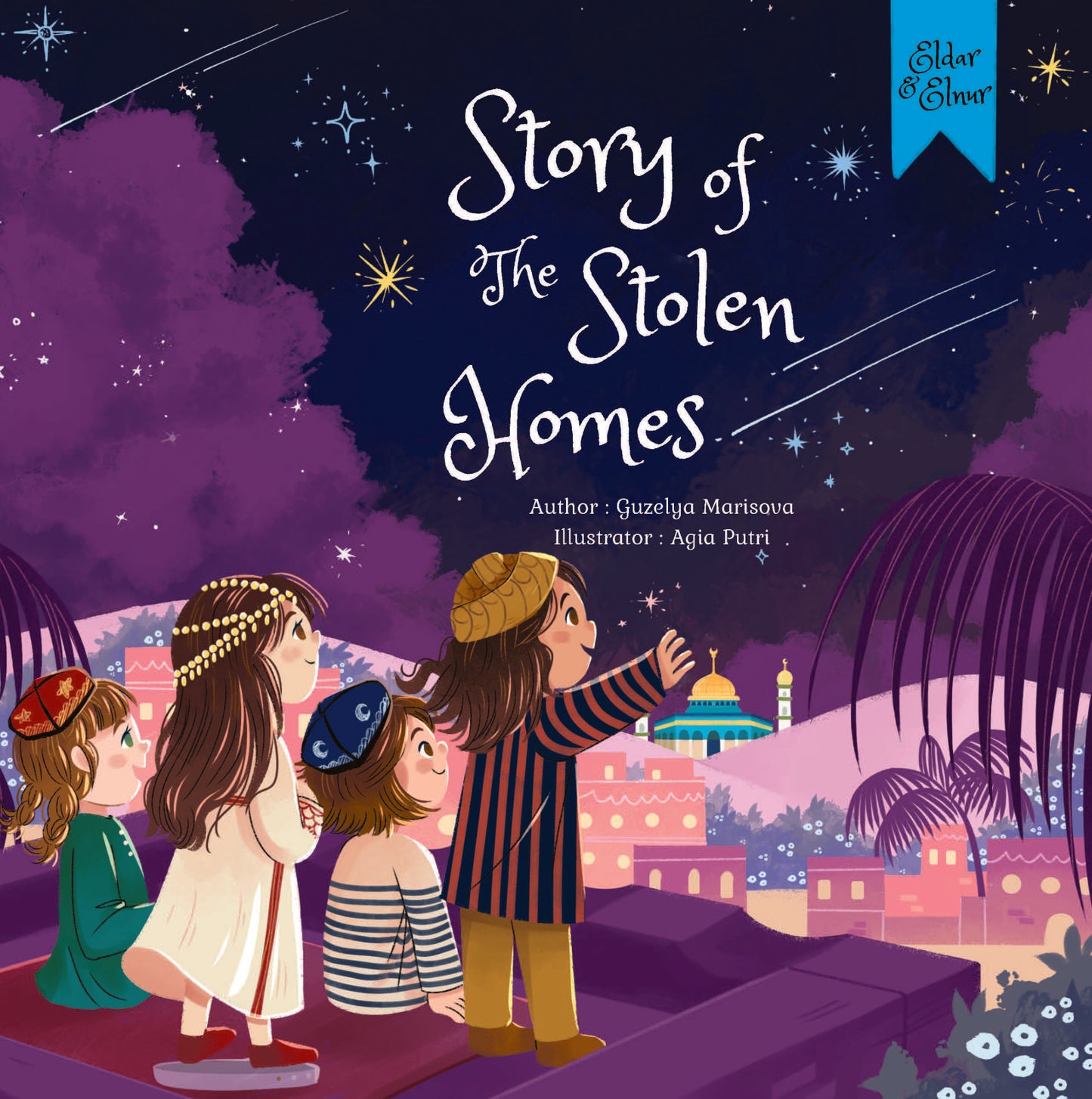 Book cover of 'Story of The Stolen Homes' with children looking at a cityscape under a starry sky.