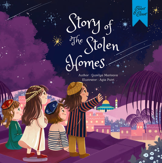 Book cover of 'Story of The Stolen Homes' with children looking at a cityscape under a starry sky.