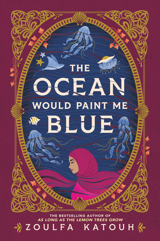 Book cover of 'The Ocean Would Paint Me Blue' with a purple background and ocean-themed illustrations.