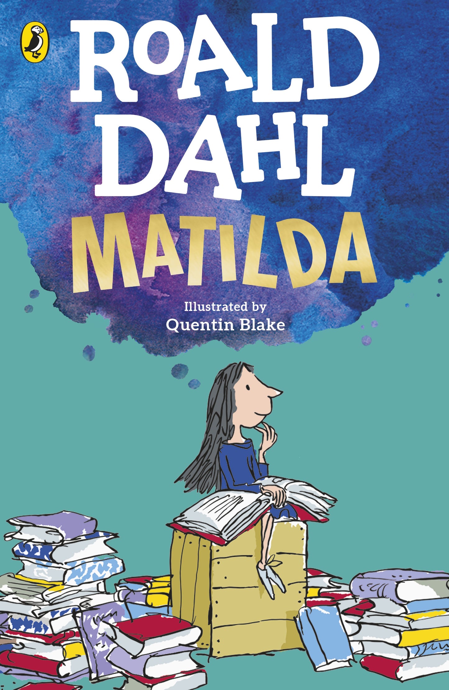 Book cover of 'Matilda' by Roald Dahl with Quentin Blake illustration, featuring a character on a pile of books against a blue and purple watercolor background.