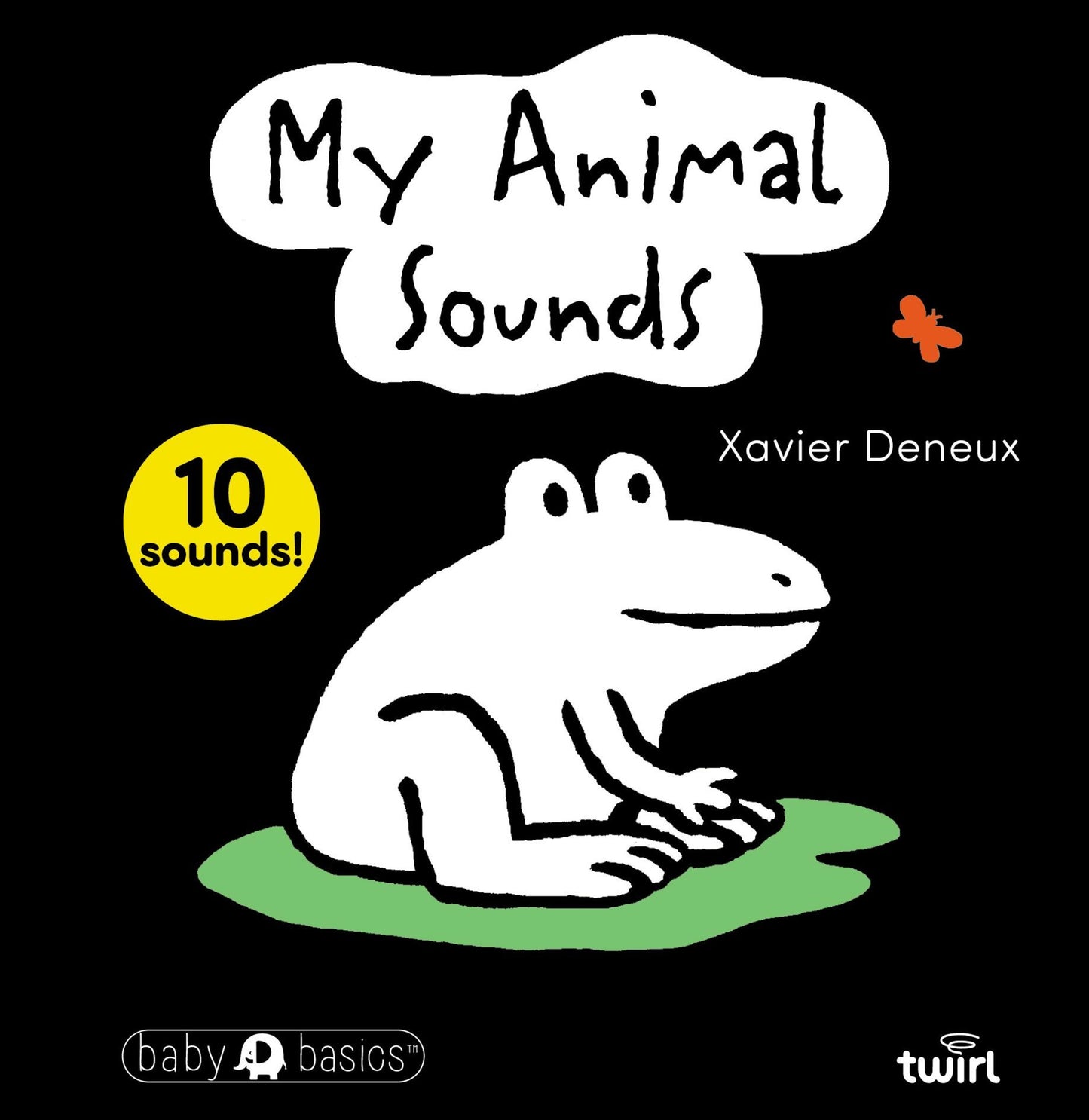 Book cover of 'My Animal Sounds' with a frog illustration on a black background