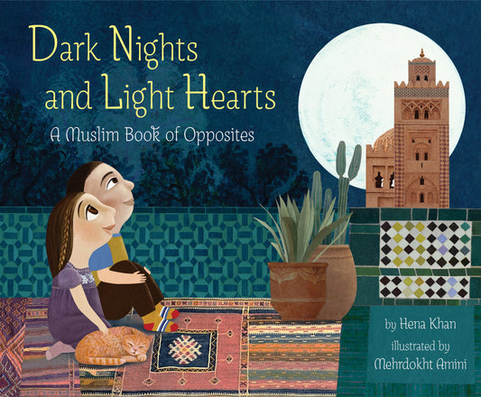 Book cover of 'Dark Nights and Light Hearts' with a stylized illustration of a woman, cat, and moon.