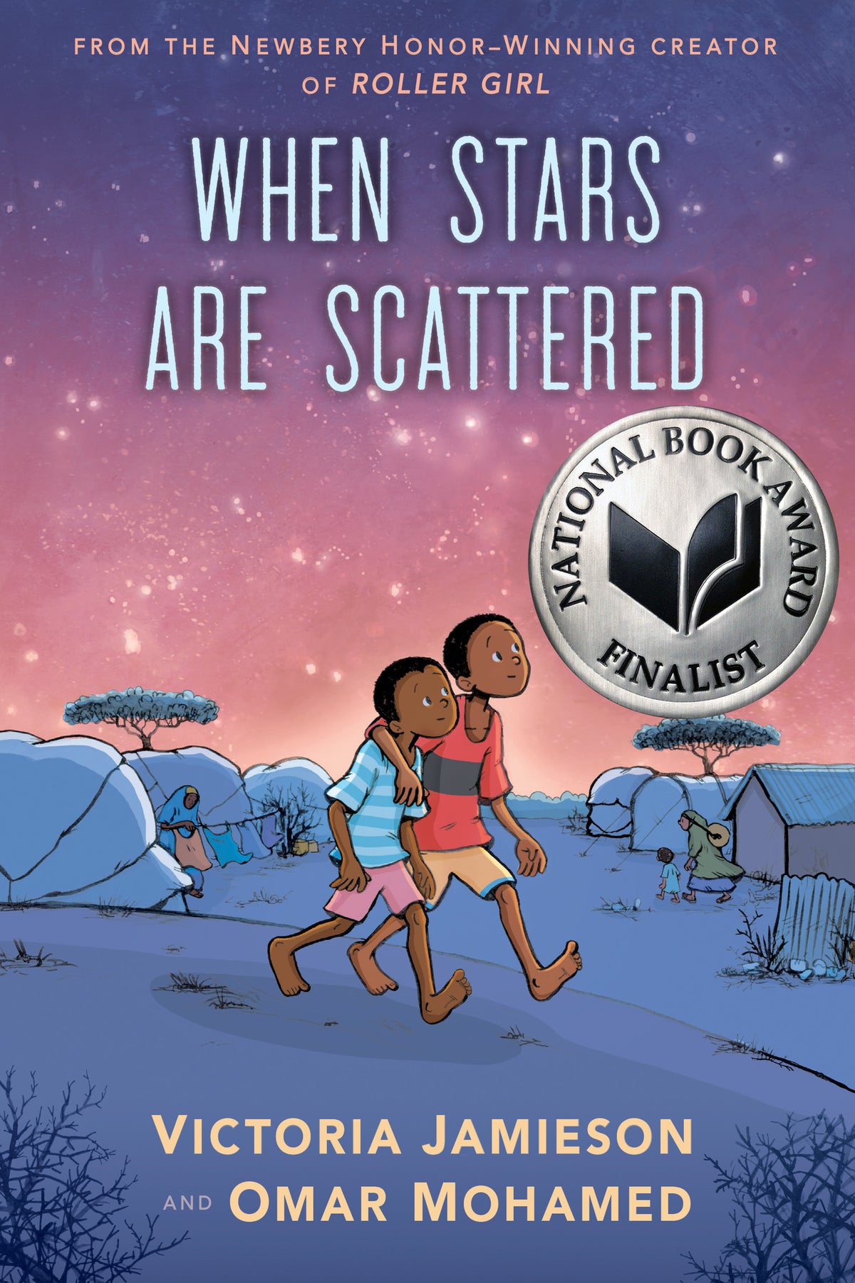 Book cover of 'When Stars Are Scattered' with two children walking under a starry sky, featuring the National Book Award finalist badge.
