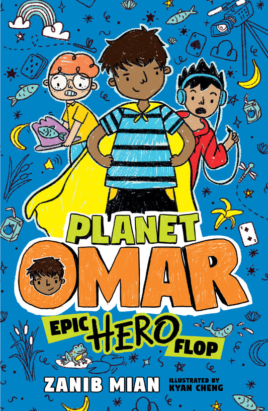 Book cover of 'Planet Omar: Epic Hero Flop' with three characters on a blue background