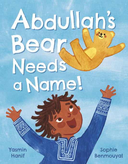 Book cover of 'Abdullah's Bear Needs a Name!' with a child and bear illustration against a blue sky.