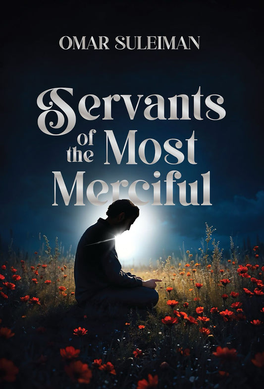 Book cover of 'Servants of the Most Merciful' with a person kneeling in a field of flowers.