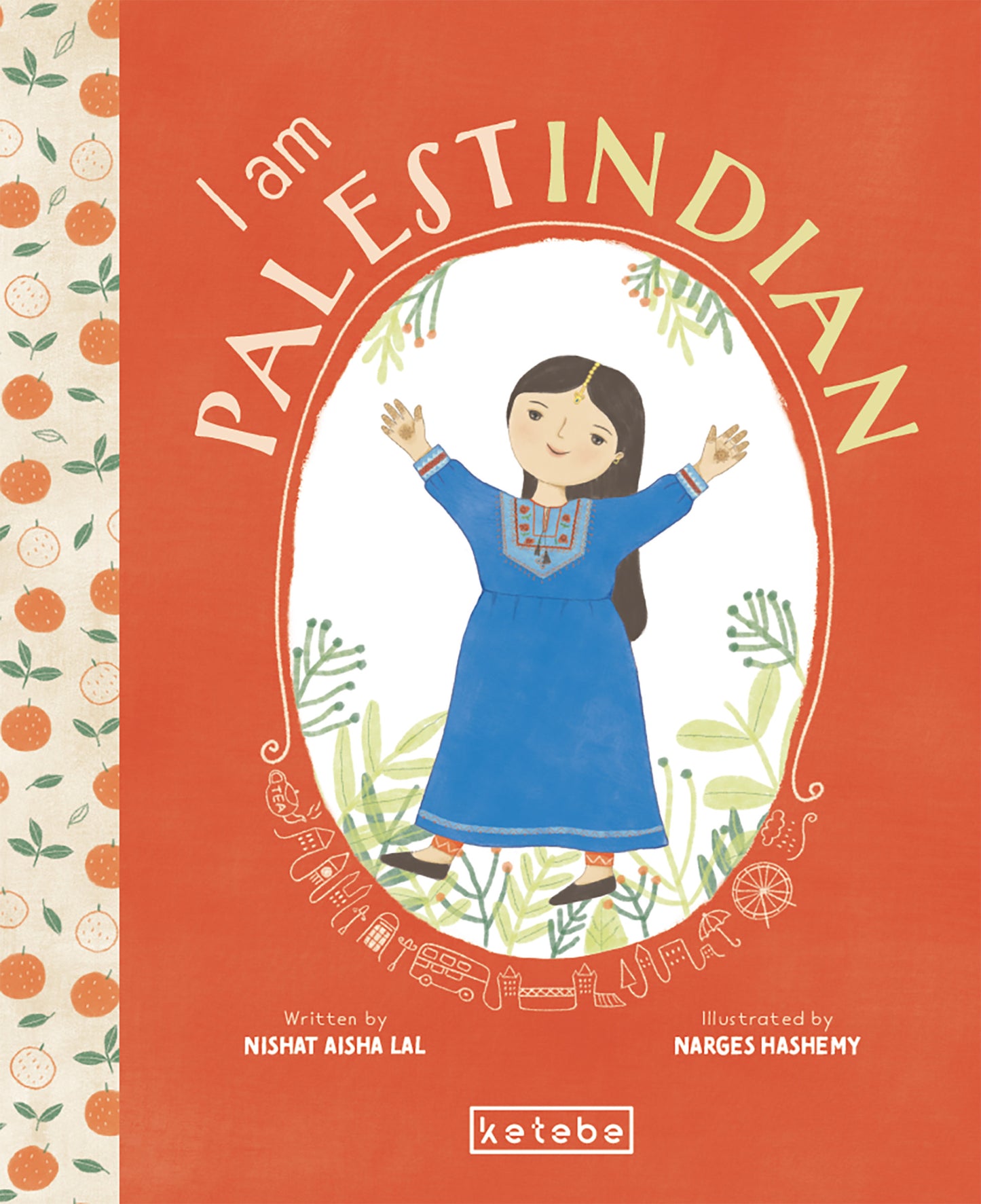Book cover of 'I am Palestinian' with a child in a blue dress on an orange background
