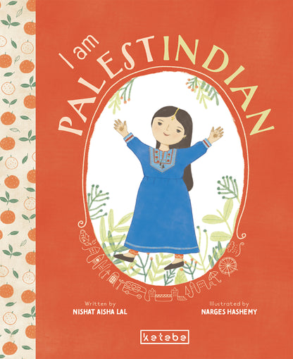 Book cover of 'I am Palestinian' with a child in a blue dress on an orange background