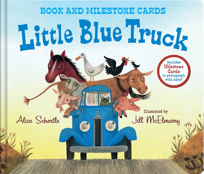 Book cover of 'Little Blue Truck' with animals on a blue truck against a desert landscape.