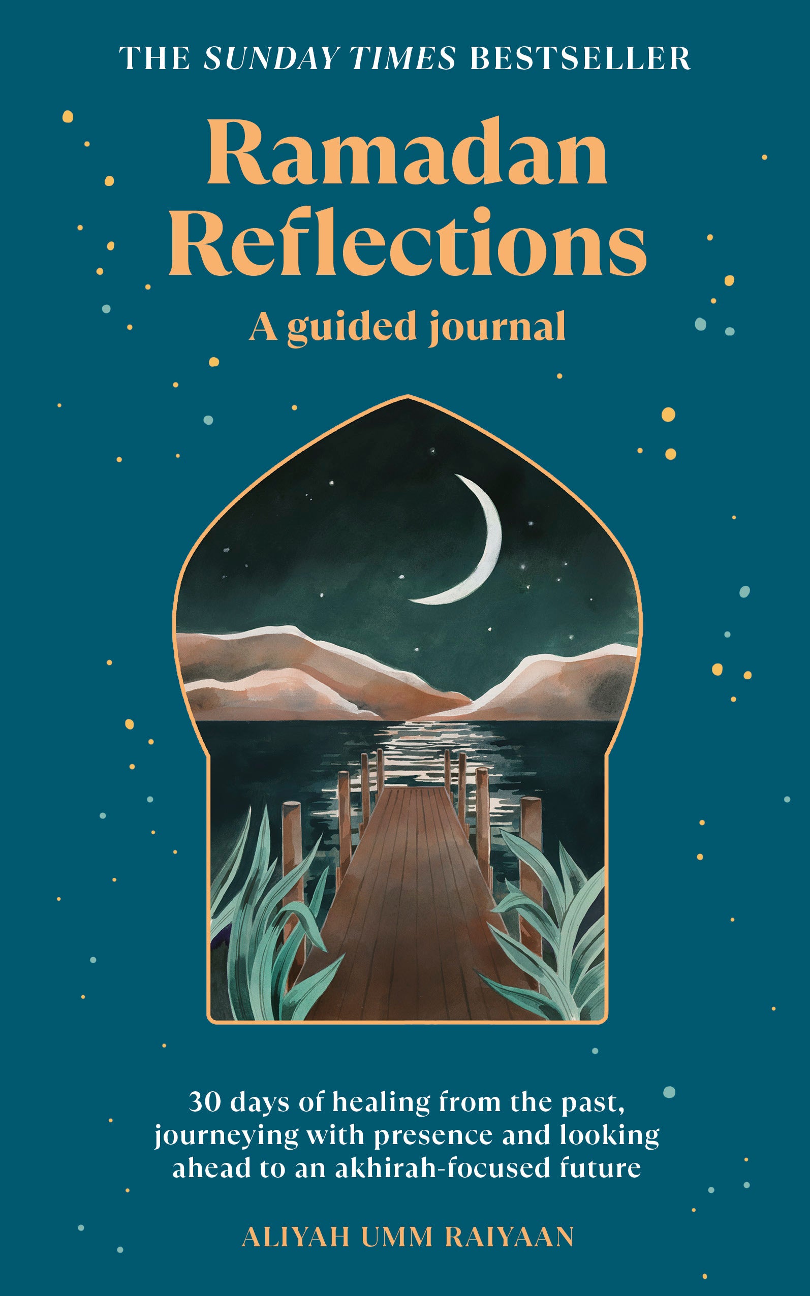 Book cover of 'Ramadan Reflections' with a crescent moon and mountains illustration on a blue background.