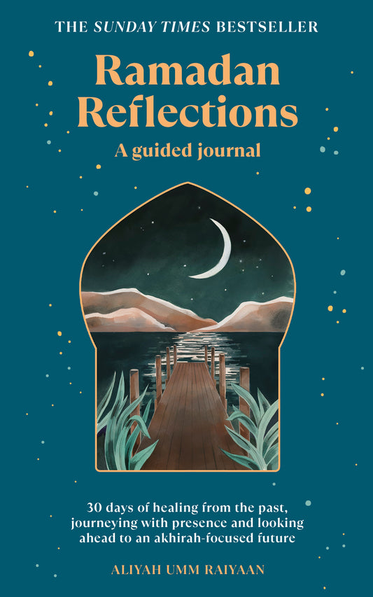 Book cover of 'Ramadan Reflections' with a crescent moon and mountains illustration on a blue background.