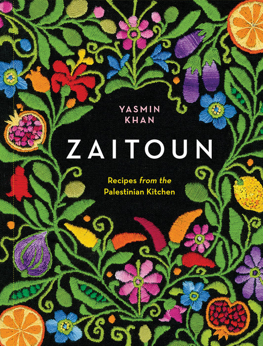 Book cover of 'Zaitoun' by Yasmin Khan with colorful floral and fruit design on a black background.