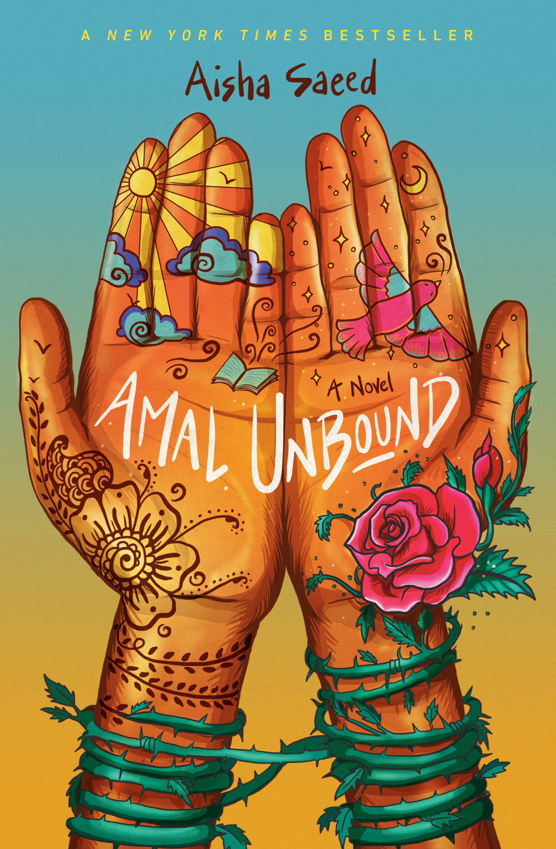 Book cover of 'Amal Unbound' with illustrated hands and henna designs.