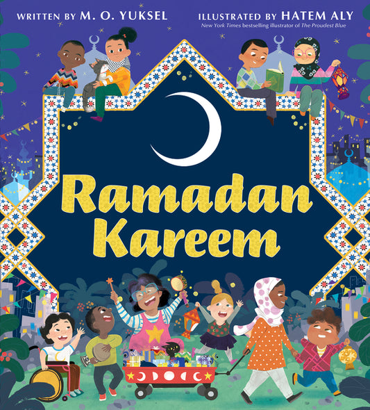 Book cover of 'Ramadan Kareem' with children illustrations and decorative elements.