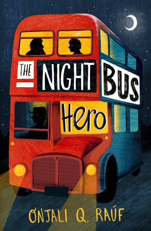 Book cover of 'The Night Bus Hero' with a red bus and silhouettes against a night sky.