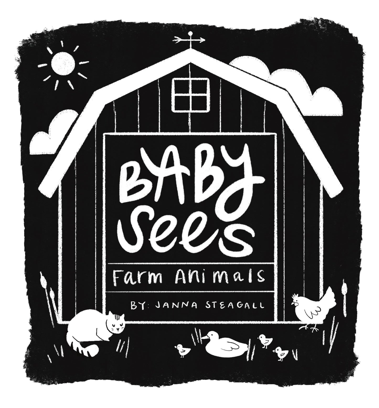 Illustration of a barn with 'Baby Sees Farm Animals' text and farm animals around.