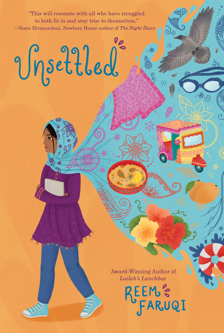 Book cover of 'Unsettled' with a girl, food items, and colorful elements on an orange background