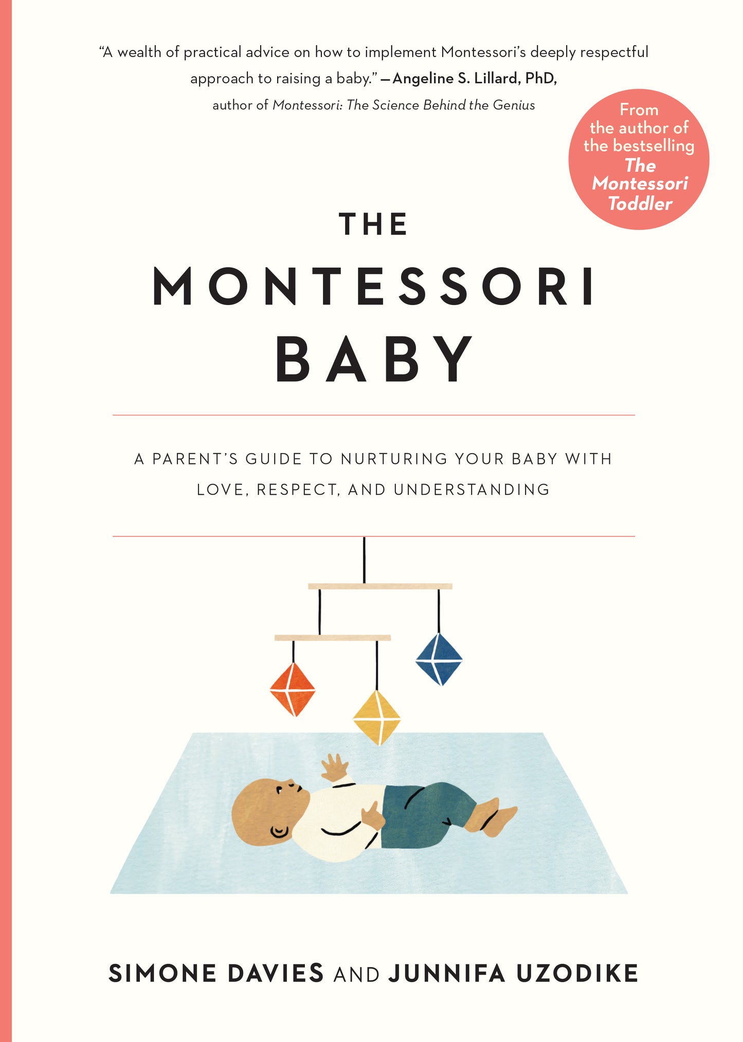 Book cover of 'The Montessori Baby' with a child lying on the floor next to a mobile.