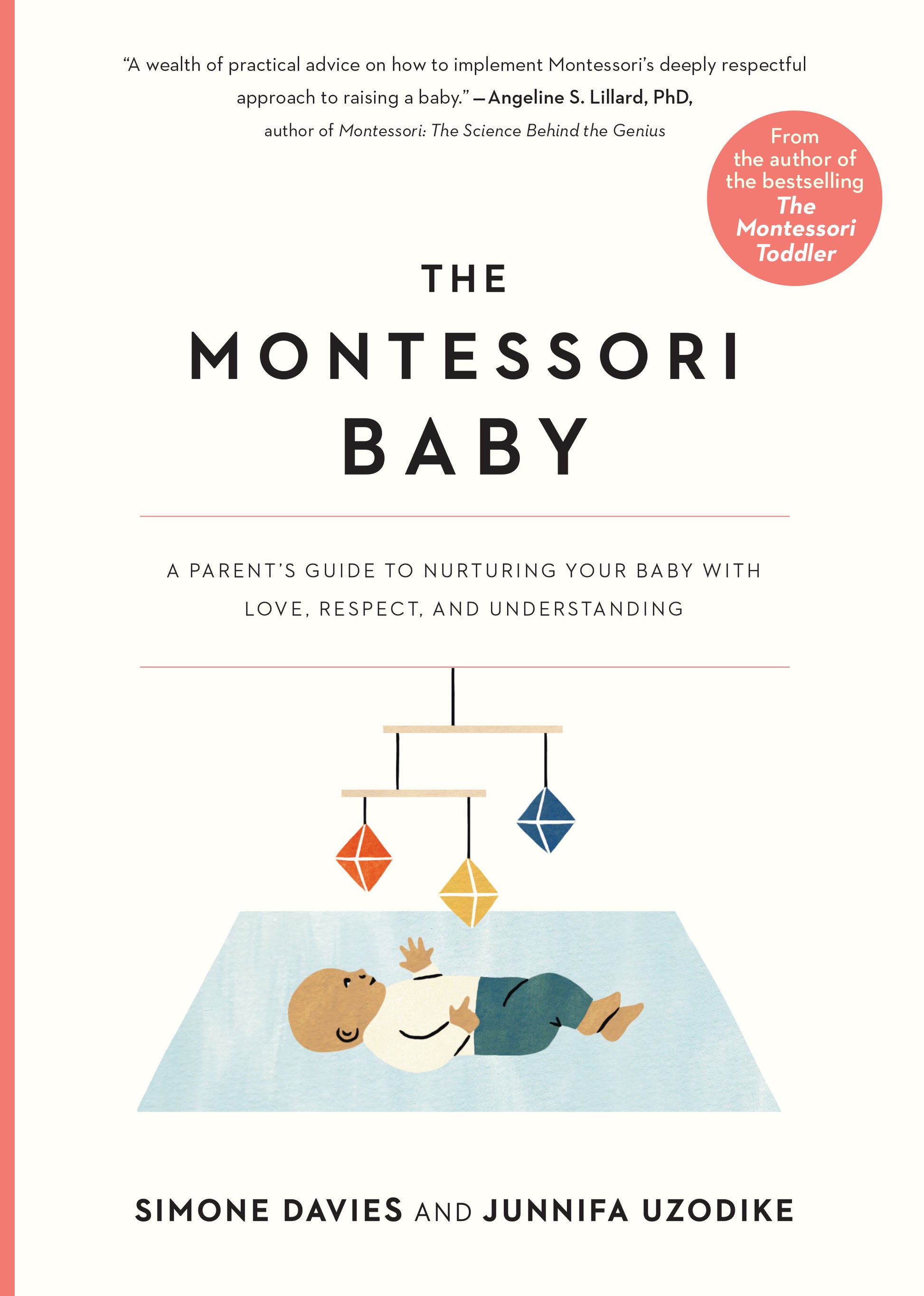 Book cover of 'The Montessori Baby' with a child lying on the floor next to a mobile.
