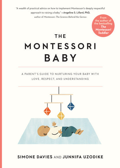 Book cover of 'The Montessori Baby' with a child lying on the floor next to a mobile.