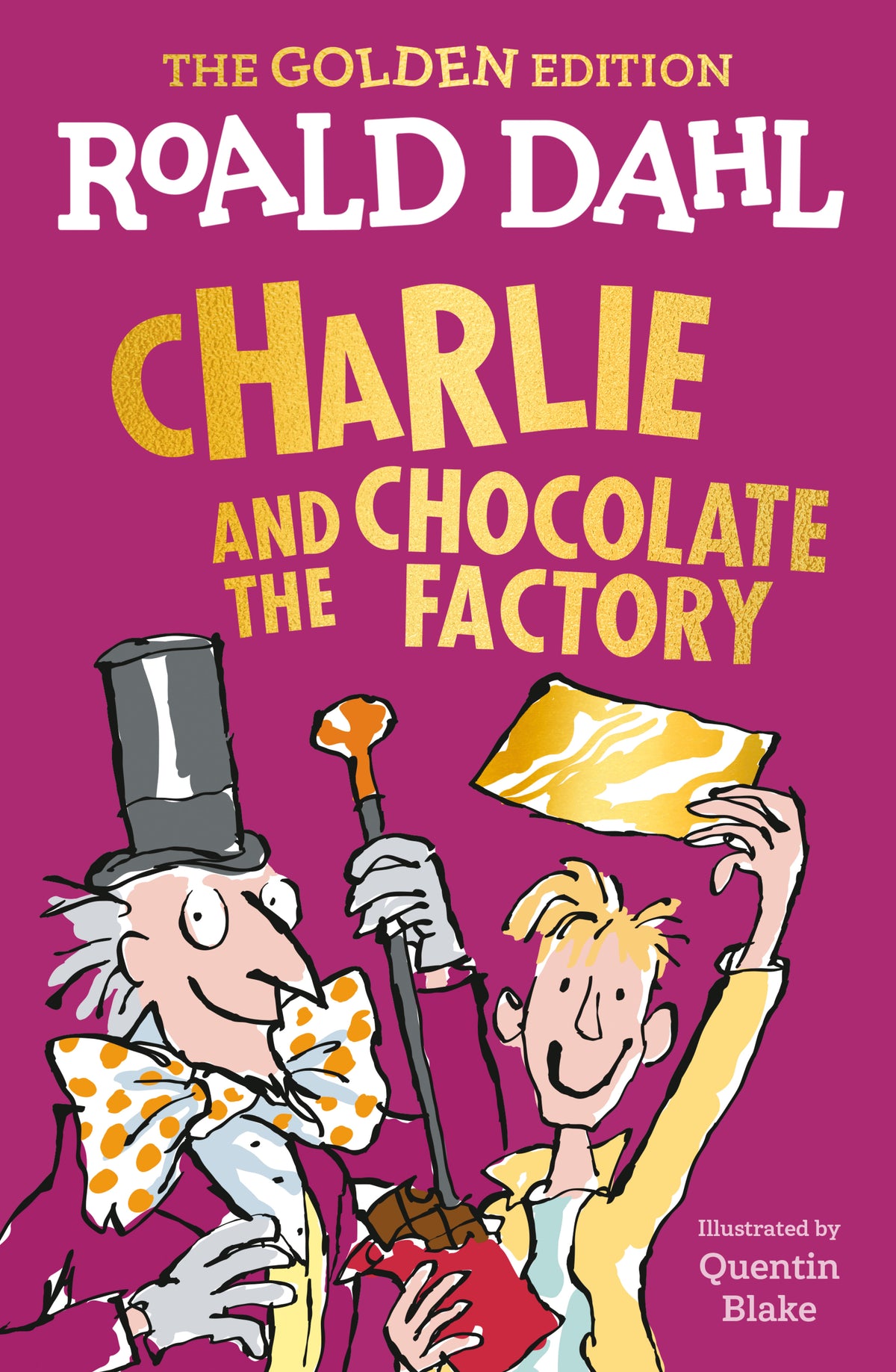 Book cover of 'Charlie and the Chocolate Factory' by Roald Dahl with a purple background and illustrations.