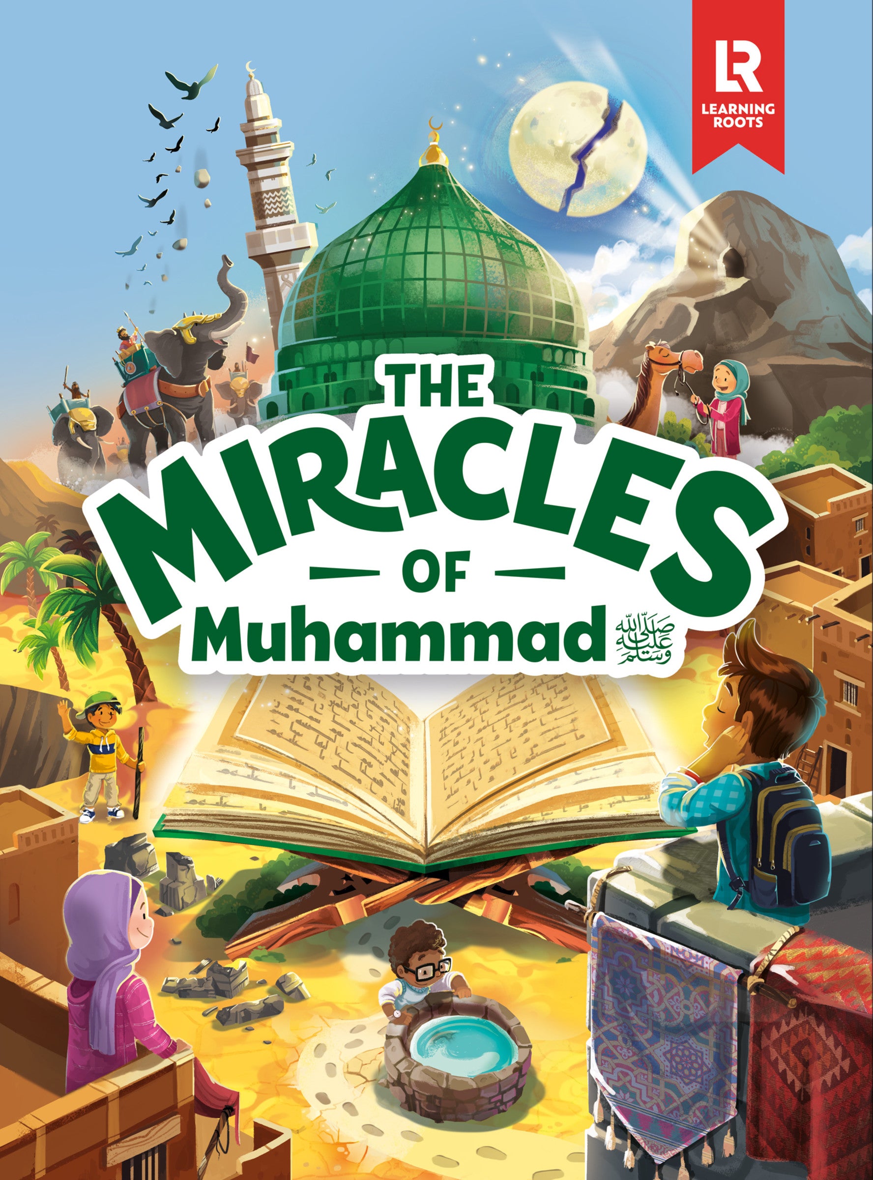 Book cover of 'The Miracles of Muhammad' with colorful illustrations and an open book.