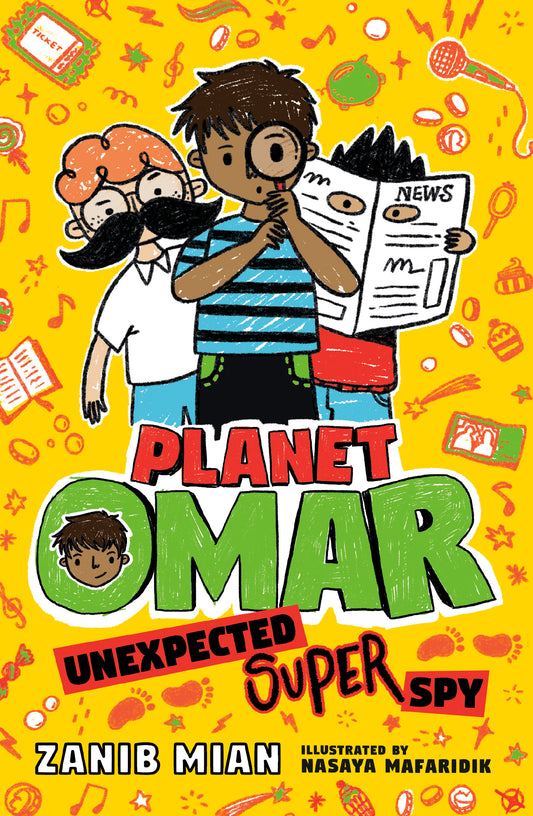 Book cover of 'Planet Omar: Unexpected Super Spy' with cartoon characters and colorful design.