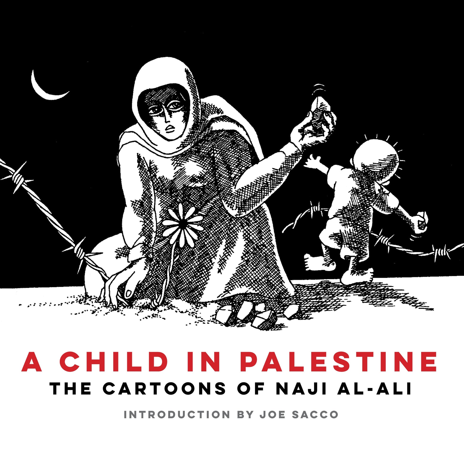 Book cover of 'A Child in Palestine' with a black and white illustration and text.