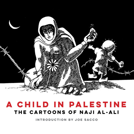 Book cover of 'A Child in Palestine' with a black and white illustration and text.