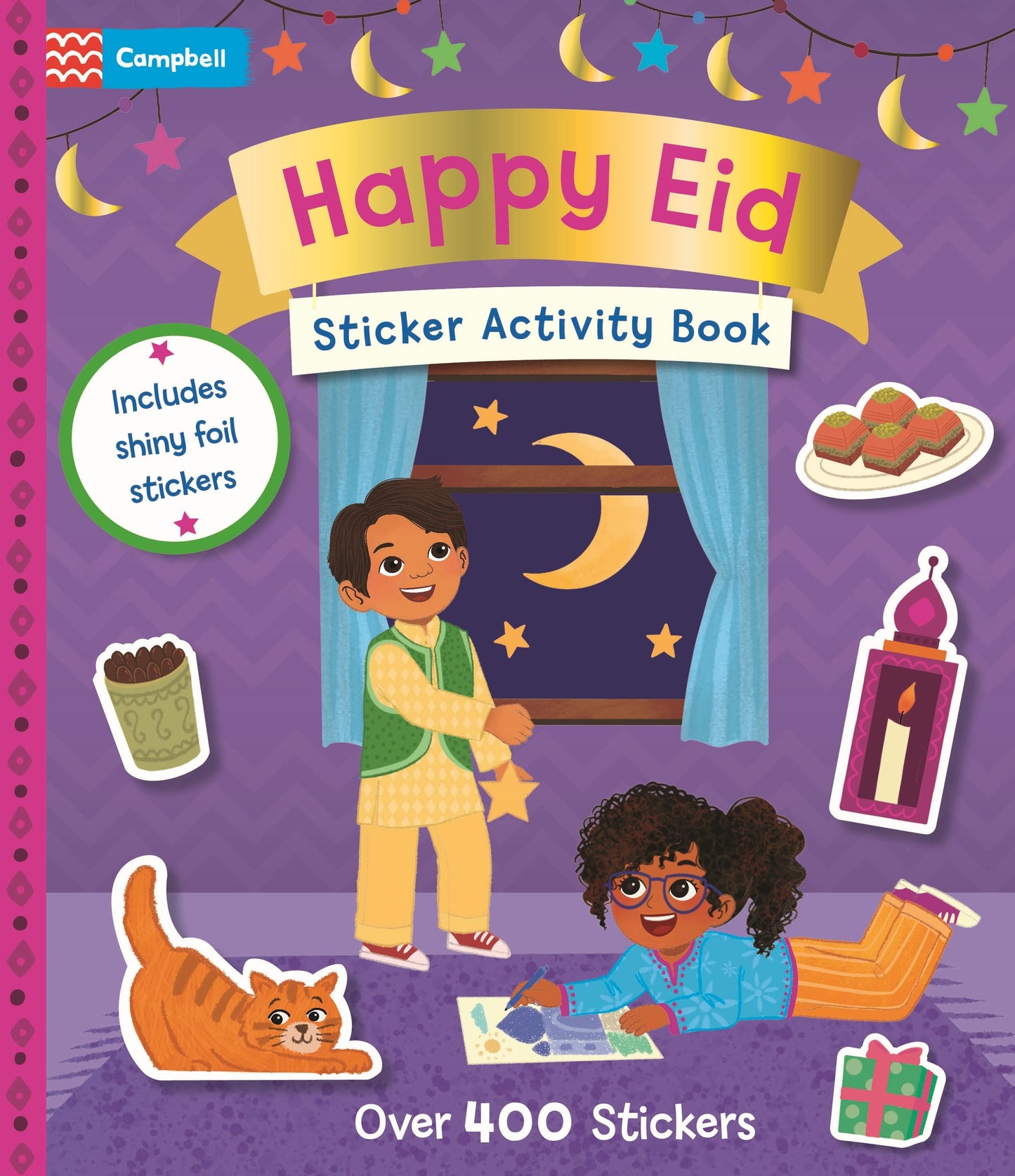 Happy Eid sticker activity book cover with two children and festive elements on a purple background.