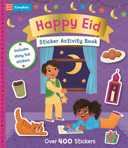 Happy Eid sticker activity book cover with two children and festive elements on a purple background.