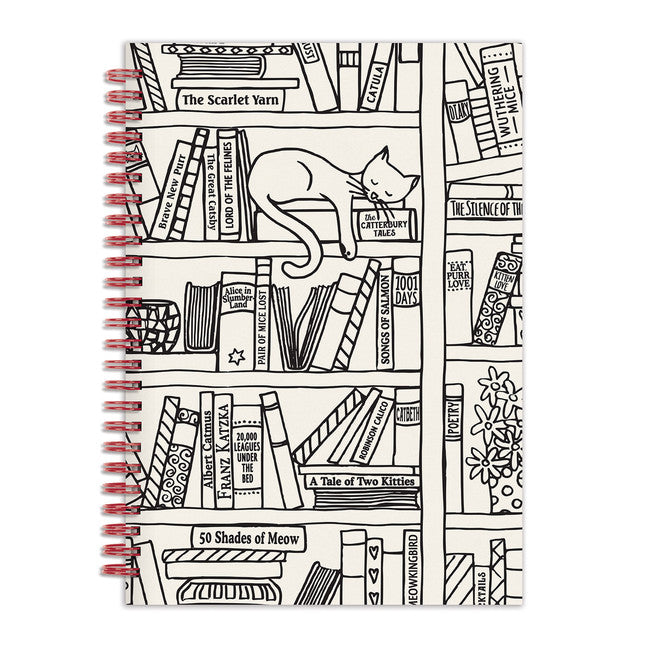 Notebook cover with black and white illustrations of books and a cat on a white background