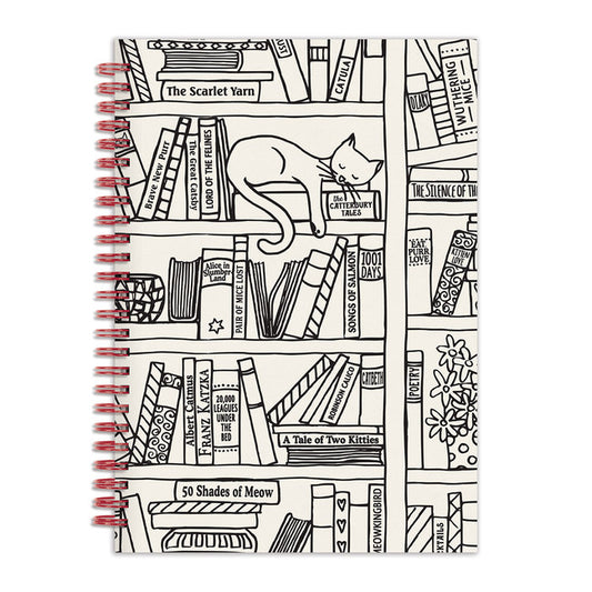 Notebook cover with black and white illustrations of books and a cat on a white background