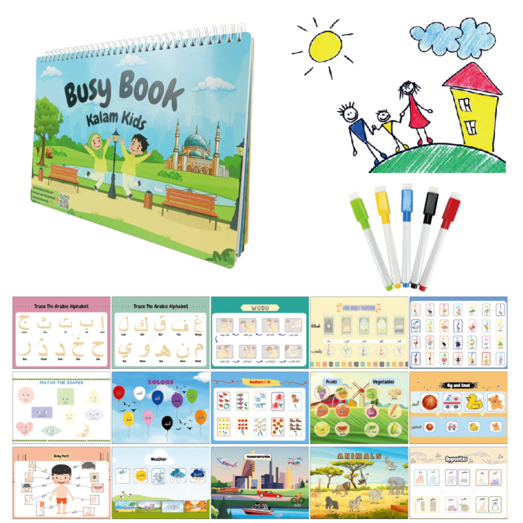 Busy Book for children with colorful pages and markers on a white background