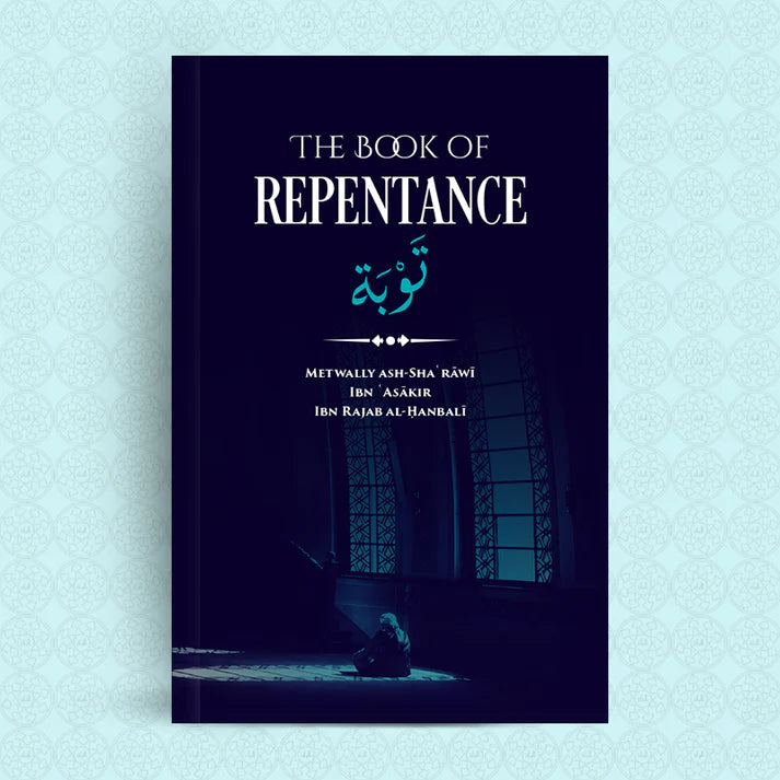 Book cover of 'The Book of Repentance' with a silhouette of a person praying in the background.