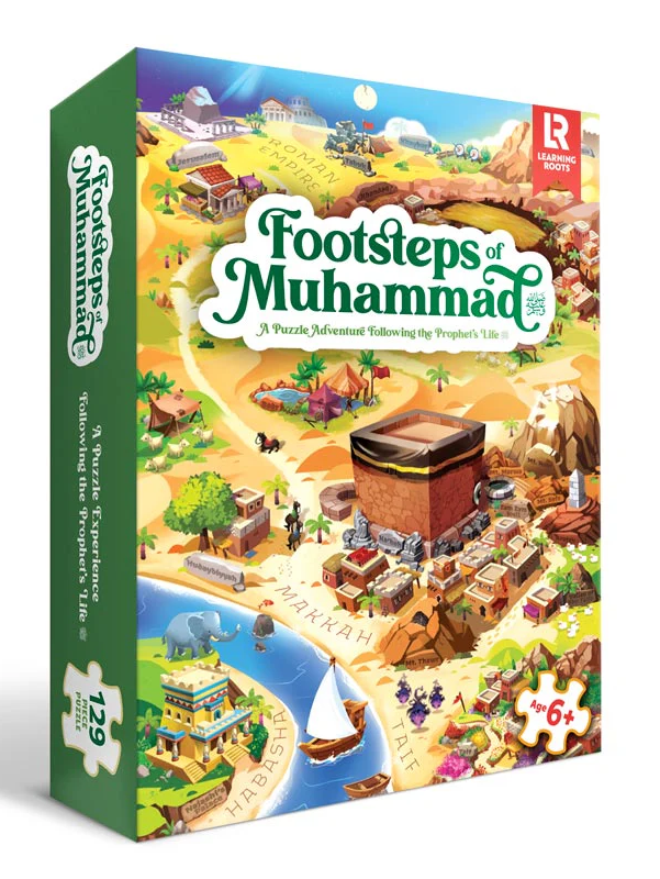 Jigsaw puzzle box for 'Footsteps of Muhammad' by Roots, featuring a colorful illustrated map of Mecca and Medina with the Kaaba, river, and desert scenery on a white background.