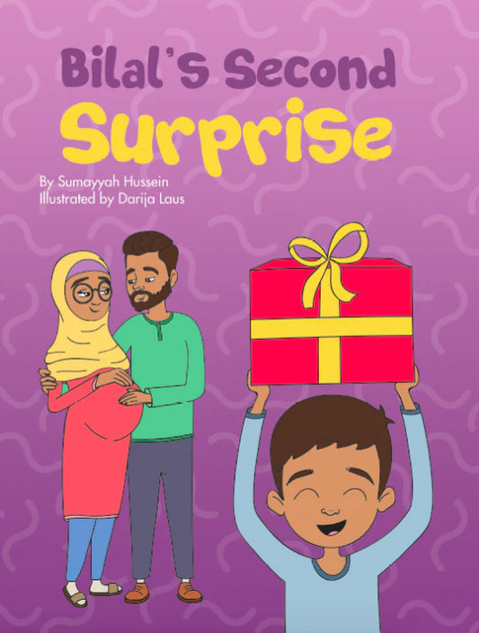 Book cover of 'Bilal's Second Surprise' with a purple background and illustrations of a family holding a gift.