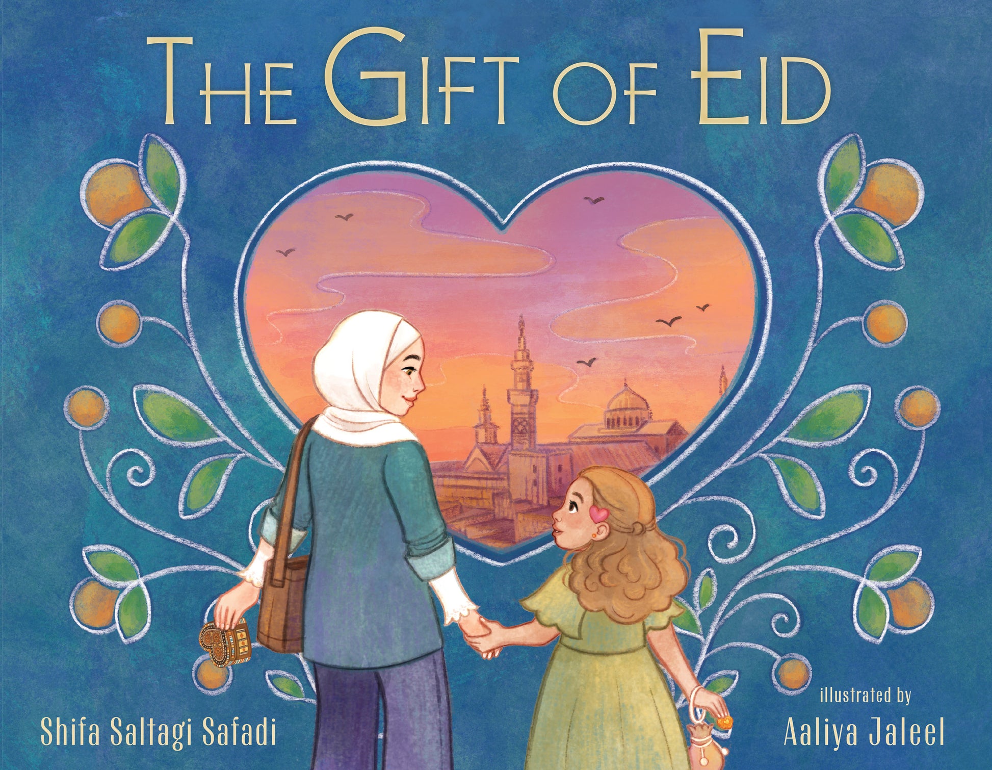 Book cover of 'The Gift of Eid' with a mother holding hands with her daughter against a heart-shaped sky.