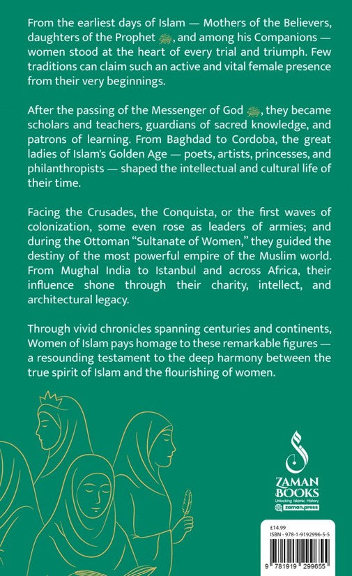 Book back cover with text about women in Islam and Zaman Books logo.