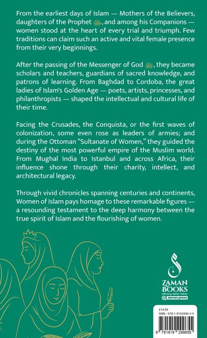 Book back cover with text about women in Islam and Zaman Books logo.