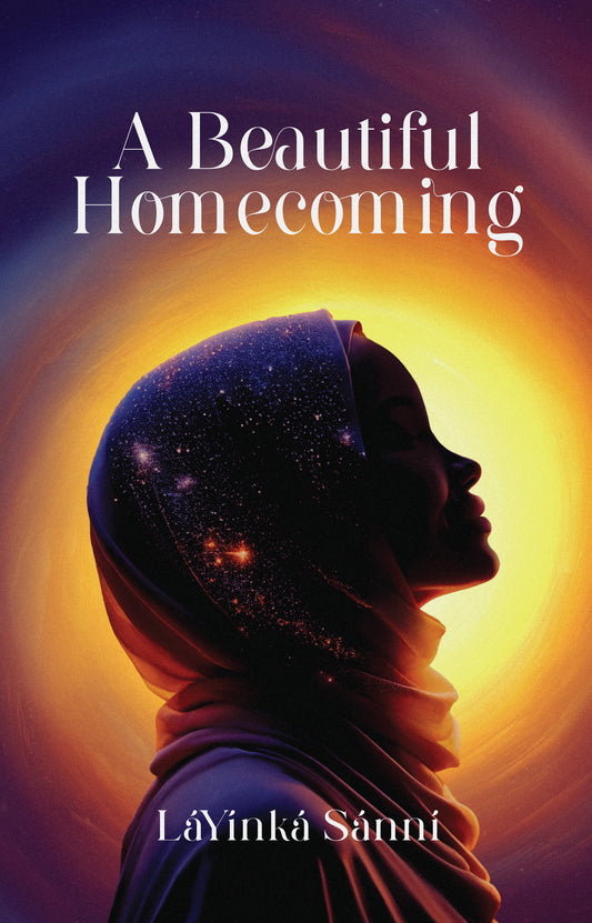 Book cover of 'A Beautiful Homecoming' with a silhouette of a lady wearing a hijab against a starry sky.