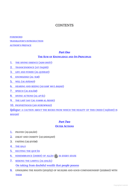 Al-Ghazali's Adapted Summary of Ihya Ulum al-Din - Table of Contents