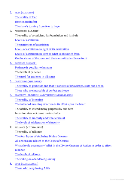 Al-Ghazali's Adapted Summary of Ihya Ulum al-Din - Table of Contents