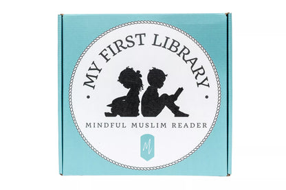 A square light blue cardboard book box with a large white oval label reading 'MY FIRST LIBRARY' and 'MINDFUL MUSLIM READER,' featuring black silhouettes of two children reading and a small mint logo below.
