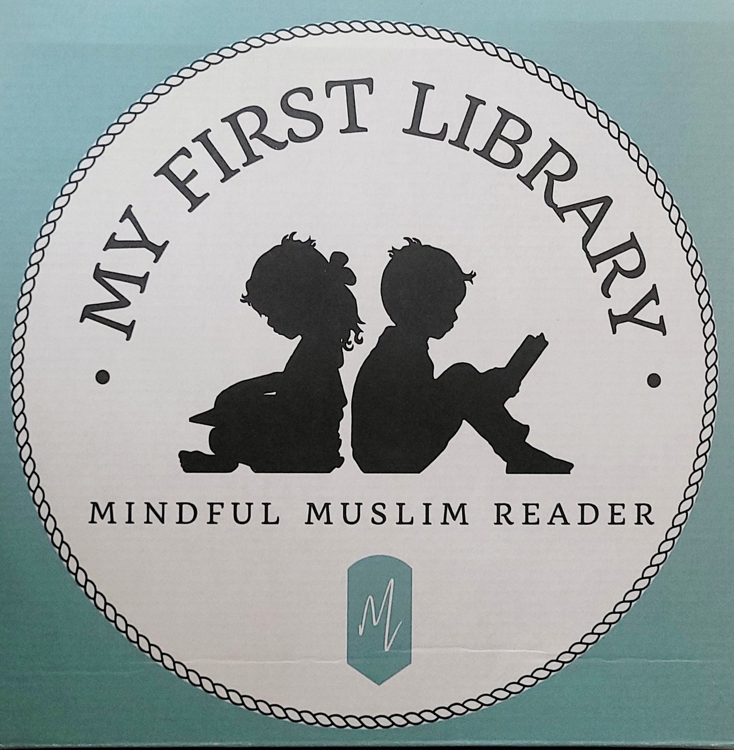 Logo for 'My First Library Mindful Muslim Reader' with silhouettes of two children on a teal background.