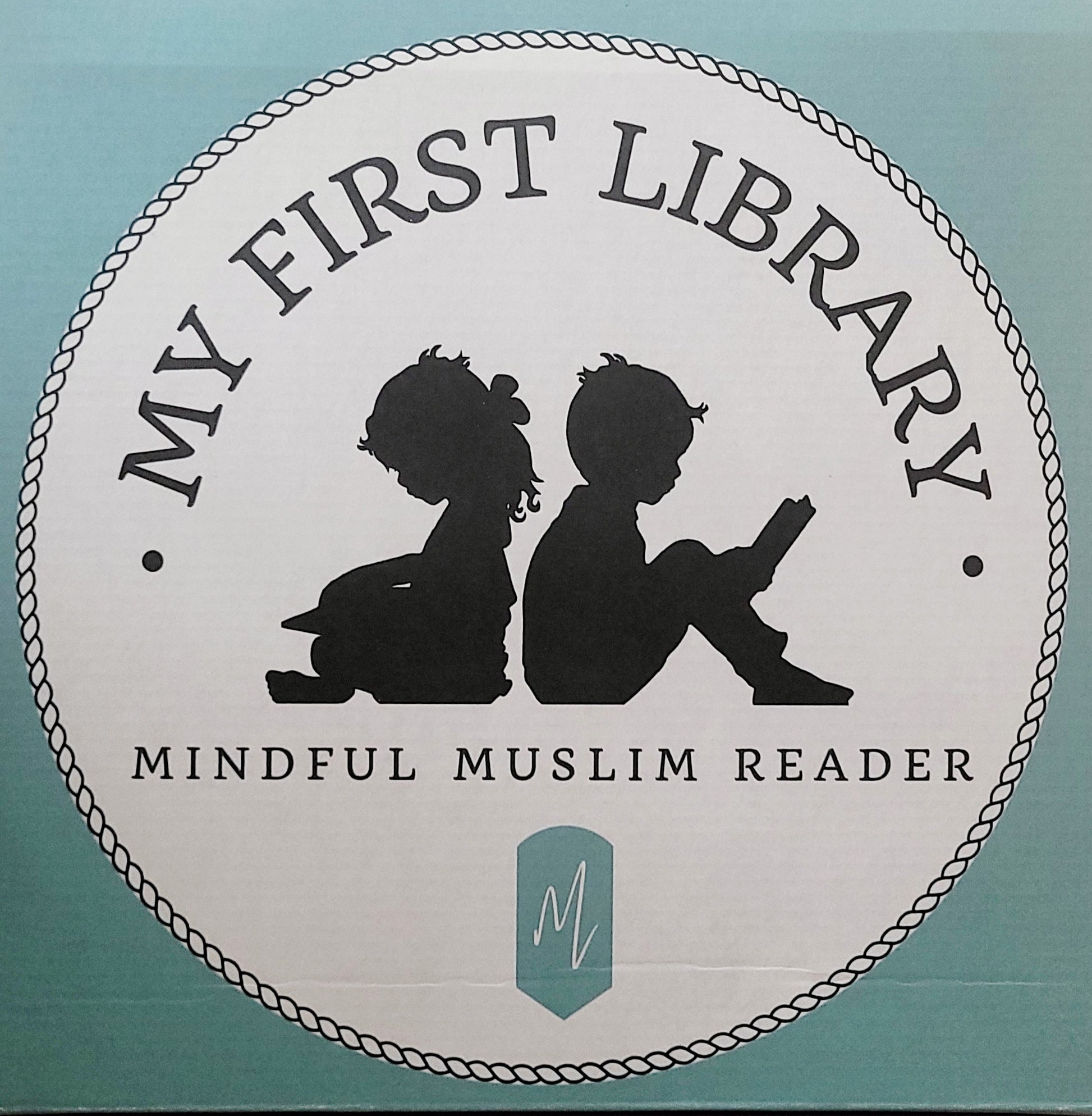 Logo for 'My First Library Mindful Muslim Reader' with silhouettes of two children on a teal background.